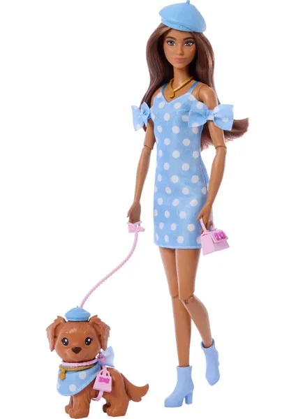 Barbie Uyumlu Dostlar Kahverengi Saçlı Bebek ve Köpekçiği,
