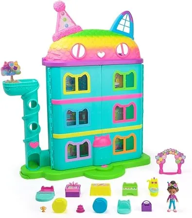 Gabby's Dollhouse, 15 parça Purrfect Party oyuncak bebek evi oyun seti, gökkuşağı görünümlü, 60 cm'den büyük, Gabby figürlü, mobilya ve ses efektli, 3 yaş ve üzeri