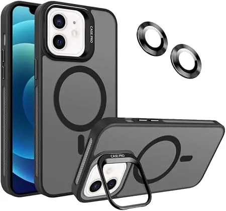 MADNOVA iPhone 12 için Kılıf Kamera Korumalı Magsafe Wireless Şarj Özellikli Lens Hediyeli Mat Şeffaf Renkli Standlı Kılıf (SİYAH)