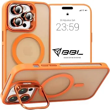 Babilden iPhone 15 Pro Max İçin Kılıf Kamera Korumalı Magsafe İle Uyumlu Kablosuz Şarj Özellikli Mat Şeffaf Renkli Standlı Lens Hediyeli Telefon Kılıfı (Turuncu)