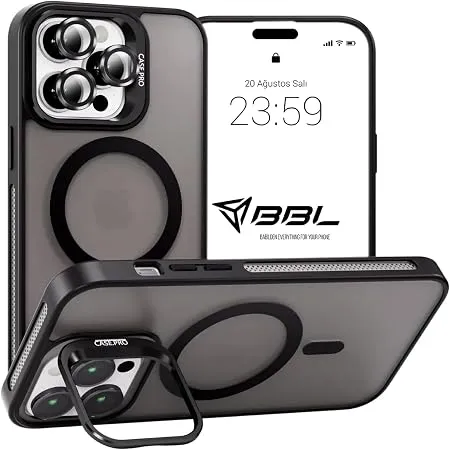 Babilden iPhone 16 Pro İçin Kılıf Kamera Korumalı Magsafe İle Uyumlu Kablosuz Şarj Özellikli Mat Şeffaf Renkli Standlı Lens Hediyeli Telefon Kılıfı (Siyah)