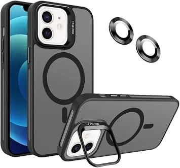 MADNOVA iPhone 12 için Kılıf Kamera Korumalı Magsafe Wireless Şarj Özellikli Lens Hediyeli Mat Şeffaf Renkli Standlı Kılıf (SİYAH)