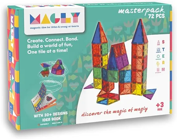 Magly Manyetik Yapı Blokları – Çocuklar İçin Renkli 3 Boyutlu 72 Parça Manyetik Karo Oyun Seti
