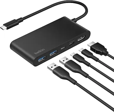 Belkin USB-C Hub, 5 Portlu, 60 Hz’de 4K HDMI Ekran Desteği, 100W Güç İletimi, 5Gbps Veri Aktarımı, MacBook, iPad Pro, Chromebook ve Dahası İçin USB-C Çoklu Port Adaptörü, Geliştirilmiş HDMI 2.0, Siyah