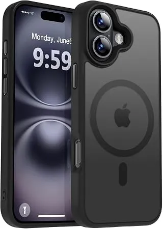 URUCHI Güçlü Manyetik Telefon Kılıfı, [Mag-Safe ile Uyumlu] [Askeri Düzey Düşme Koruması] [Güçlü Silikon Kenarlar] İnce Yarı Saydam Mat Koruyucu Kılıf (Siyah, iPhone 16 6,1 inç)