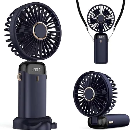 Şarjlı El Vantilatörü-LED Dijital Ekranlı 5 Kademe Rüzgar Hızlı Mini Masaüstü Fan, Boyun Askılı Katlanabilir Şarj edilebilir Taşınabilir Vantilatör, Telefon Standlı Şarjlı Soğutucu Fan