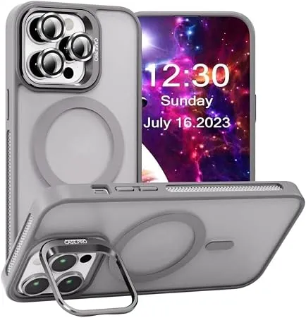 MADNOVA iPhone 16 Pro için Kılıf Kamera Korumalı Magsafe Wireless Şarj Özellikli Lens Hediyeli Mat Şeffaf Renkli Standlı Kılıf (GRİ)
