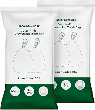 SONGMICS İpli Çöp Torbaları, Özel Kesim, 60L Çift Çöp Kovaları için 30L Çöp Torbaları, Astar Kodu 30A, 2 Rulo, 90 Parça, Sağlam, Su Geçirmez, Mutfak için, Beyaz KRB30A02