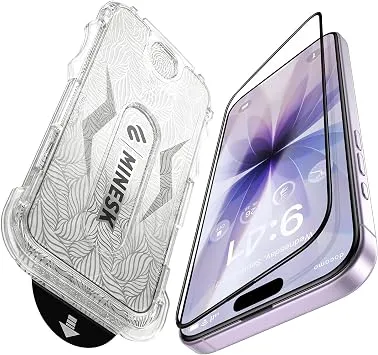 Minesk iPhone 17 için (Düz Model) ve 16 PRO için Hizalama Aparatlı Takılırken Camın Altında Kesinlikle Toz Bırakmayan Darbelere Karşı Ekstra Güçlü HD Ekran Koruyucu Cam (Kolay Kurulum, 17 ve 16 PRO)