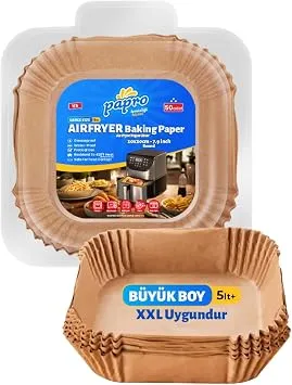 papro Airfryer Pişirme Kağıdı, Fritöz Yağlı Kağıdı, Yanmaz Kağıt XXL Uyumlu 50 Adet (Kare) (1, Kare Büyük Boy 20x20)