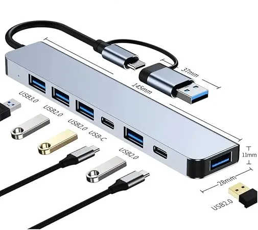 Coverzone Çoklayıcı Adaptör 7in1 USB/Type-c To USB A, USB C Macbook uyumlu Çevirici Adaptör Çok Portlu Çoklayıcı 7 in 1 USB HUB (Gri)