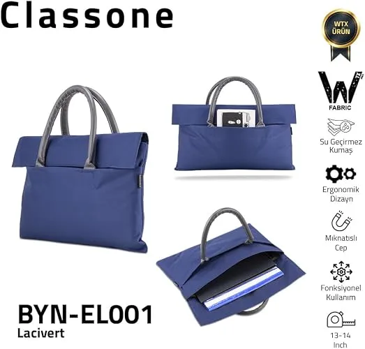 Classone BYN-EL001 WTXPro Su Geçirmez Kumaş 13-14 inch Bayan Laptop, Notebook, Macbook Air El Çantası- Tote Bag