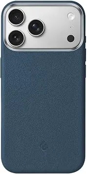 Minesk iPhone 17 Pro Max / 18 Pro Max için MagSafe ile Uyumlu Çizilmeyen ve Parmak İzi Tutmayan Deri Görünümlü Metal Tuşlu ve Metal Lens Çerçeveli Hybrid Silikon Kılıf (Mavi, 17 Pro Max/18 Pro Max)