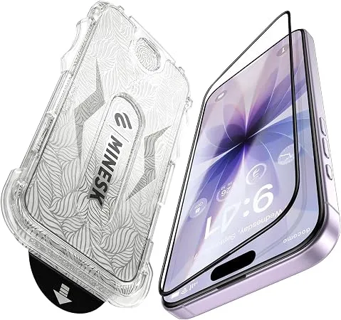 Minesk iPhone 17 için (Düz Model) ve 16 PRO için Hizalama Aparatlı Takılırken Camın Altında Kesinlikle Toz Bırakmayan Darbelere Karşı Ekstra Güçlü HD Ekran Koruyucu Cam (Kolay Kurulum, 17 ve 16 PRO)