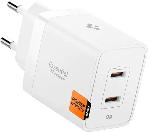 Spigen 47W USB-C 2 Port Mini Hızlı Şarj Aleti PPS 2.0 Super Hızlı Şarj GaN Pro Isı Düşürücü Güç Adaptörü Akım Koruma iPhone & Android & iPad & MacBook Type-C Beyaz