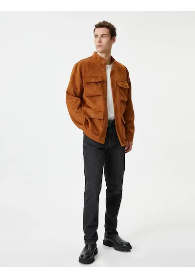 Koton Süet Görünümlü Ceket Slim Fit Cep Detaylı Düğmeli Kahverengi 4Wam20199Hw 4Wam20199Hw517 Kahverengi S