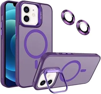 MADNOVA iPhone 12 için Kılıf Kamera Korumalı Magsafe Wireless Şarj Özellikli Lens Hediyeli Mat Şeffaf Renkli Standlı Kılıf (MOR)